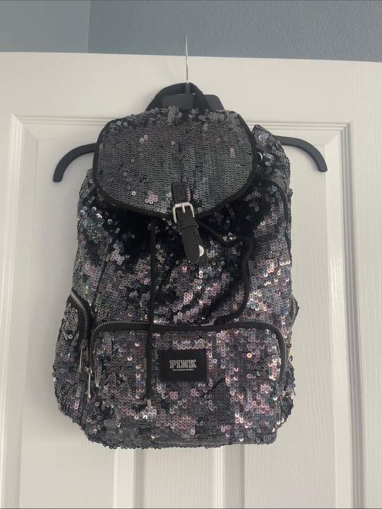 PINK Victoria's Secret Handbags - PINK Victoria's Secret Iridescent Sequin Drawstring Backpack - Black/Silver